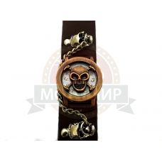 Часы наручные с цепью и с крышечкой в форме черепа (коричневый кожаный ремешок)